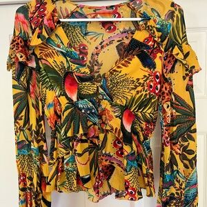 FARM Rio Yellow Gold Ruffled Fitted Blouse